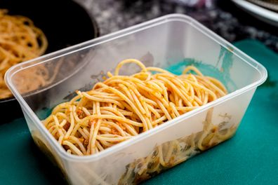 A food plastic box of pasta spaghetti take away