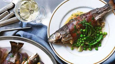 <strong>Cider-roast rainbow trout with leek and prosciutto</strong>