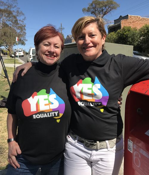 Liberal Party Councillor Christine Forster (right) and partner Virginia Edwards, attending a same-sex marriage 'Yes' campaign event in Sydney. (AAP)