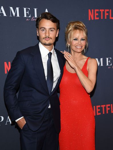 Bandon Thomas Lee and Pamela Anderson attend the premiere of Netflix's "Pamela, a love story" at TUDUM Theater on January 30, 2023 in Hollywood, California.