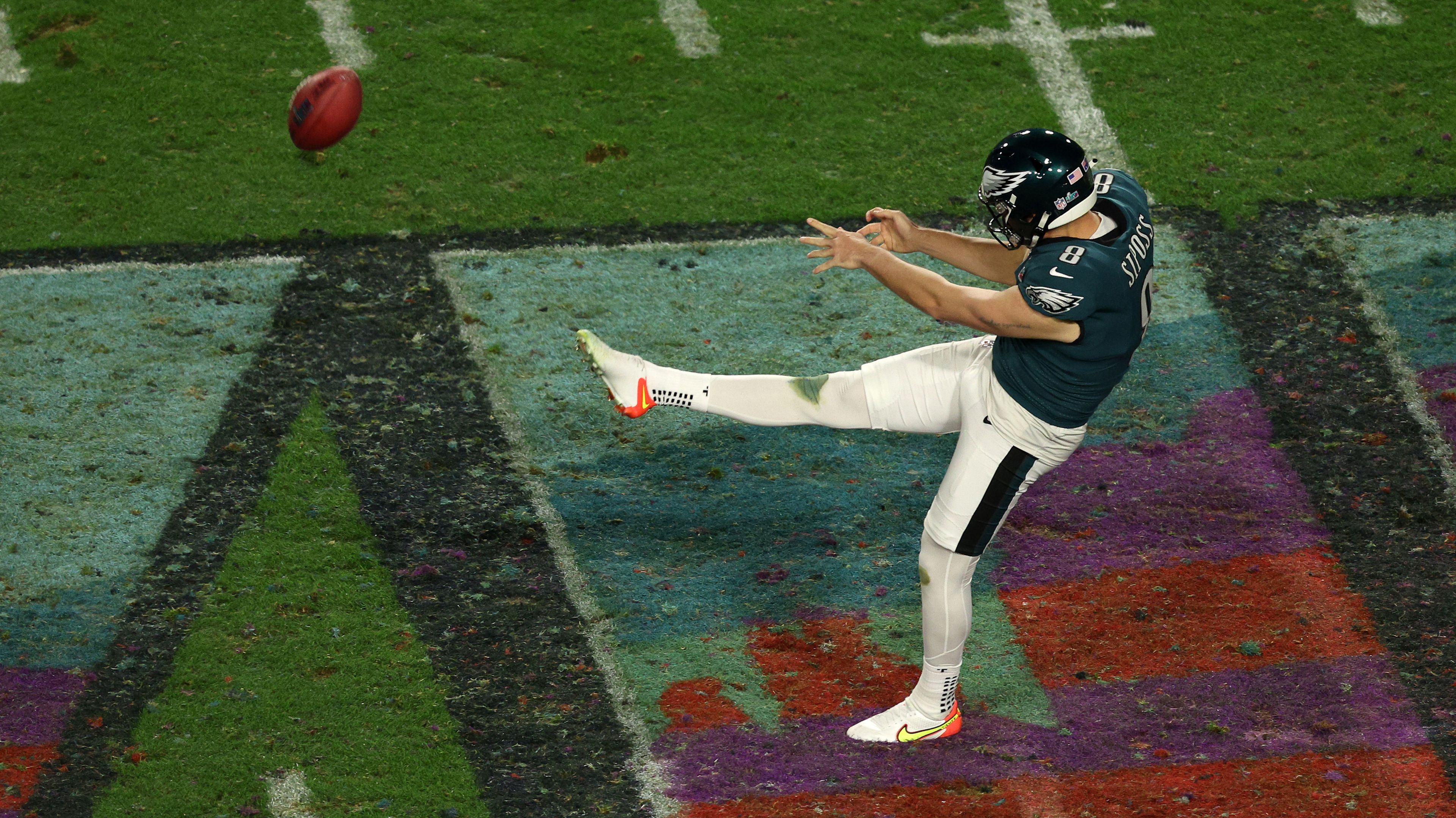 Arryn Siposs #8 of the Philadelphia Eagles punts against the Kansas City Chiefs during the fourth quarter in Super Bowl LVII at State Farm Stadium on February 12, 2023 in Glendale, Arizona. (Photo by Rob Carr/Getty Images)