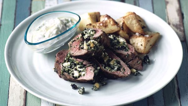 Barbecued lamb loin with lemon potatoes and tzatziki