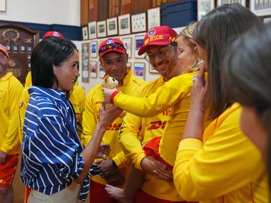 Meghan, Duchess of Sussex meets volunteer first responders from Bondi Surf Bathers' Life Saving Club, during a visit to Bondi Beach, on day four of the royal trip to Australia on April 17, 2026 in Sydney, Australia. 