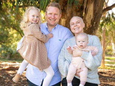 Keely Langshaw with her family during treatment.