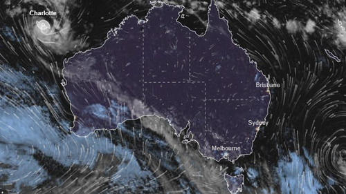A satellite view of Australia shows tropical cyclone Charlotte of WA's north-west coast on Tuesday March 22, 2022. 