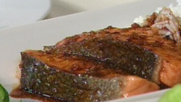 Salmon teriyaki with bokchoy and rice