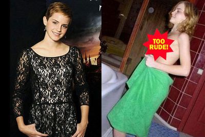 <i>Harry Potter</i> star Emma Watson was the talk of the campus after her college classmates emailed around a photo of her standing topless in a towel next to a hot tub. But the 20-year-old insisted the pic was a fake.