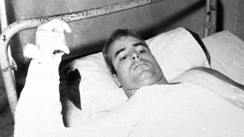 John S. McCain, USN, is shown in this undated photo lying injured in North Vietnam wearing an arm cast. He was a held prisoner during the Vietnam War. 