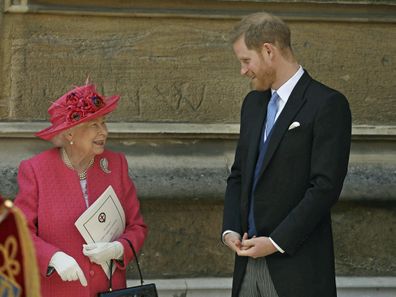 Queen Elizabeth II talks to Prince Harry as they leave after the wedding of Lady Gabriella Windsor and Thomas Kingston at St George's Chapel, Windsor Castle, near London, England, Saturday, May 18, 2019