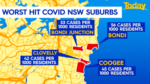 A number of beachside suburbs boast a high active case rate.