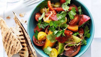 Click through for our <a href="http://kitchen.nine.com.au/2016/05/16/19/28/mixed-tomato-salad-with-sumac-herbs-and-flatbread" target="_top">mixed tomato salad with sumac, herbs and flatbread</a> recipe