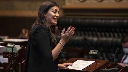 Minister for Small Business Eleni Petinos speaks during Question Time at State Parliament House.  Photo: Wolter Peeters, 16th February 2022, The Sydney Morning Herald.