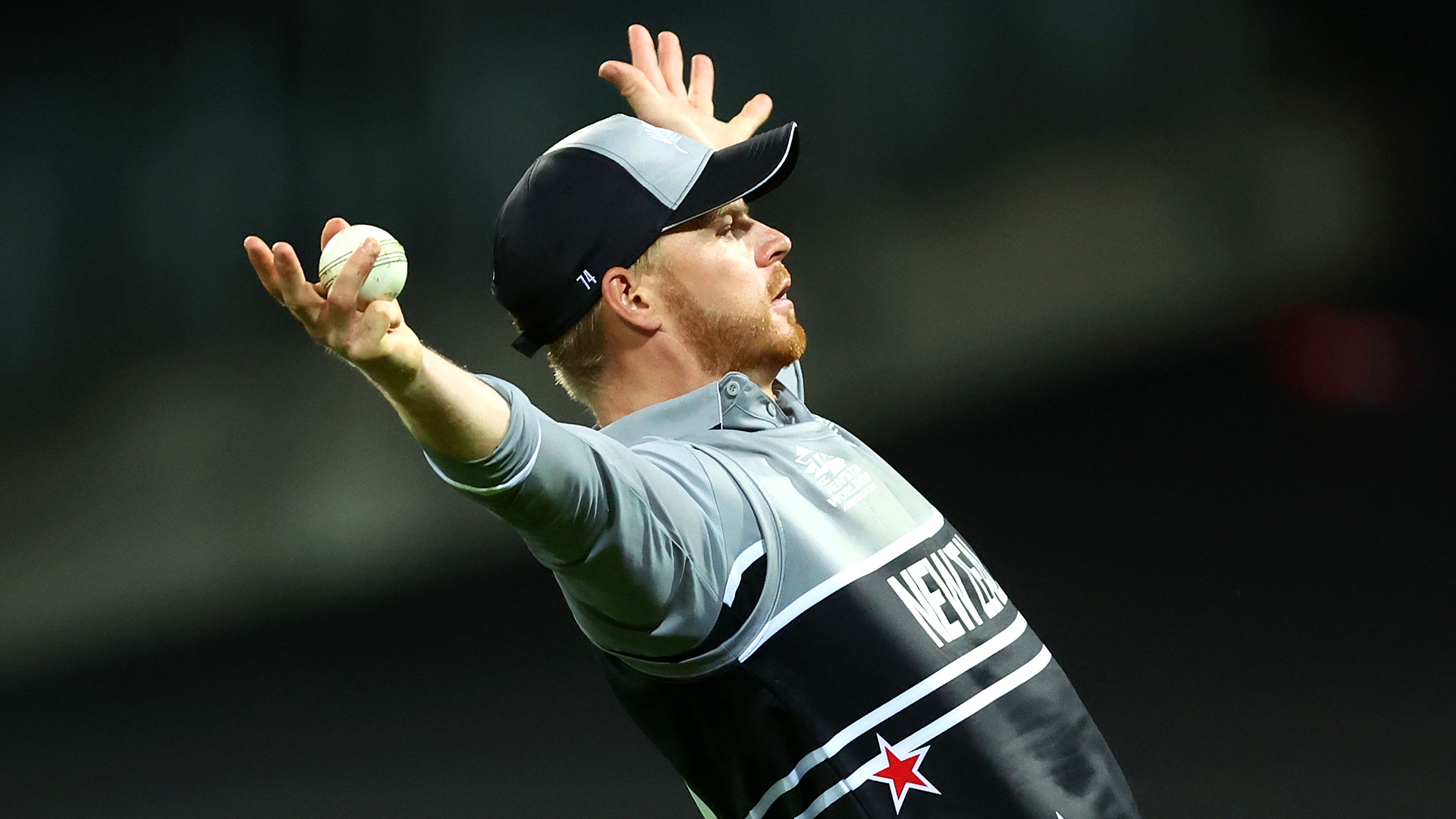 SYDNEY, AUSTRALIA - OCTOBER 22: Glenn Phillips of New Zealand celebrates catching out Marcus Stoinis of Australia during the ICC Men&#x27;s T20 World Cup match between Australia and New Zealand at Sydney Cricket Ground on October 22, 2022 in Sydney, Australia. (Photo by Mark Metcalfe-ICC/ICC via Getty Images,)