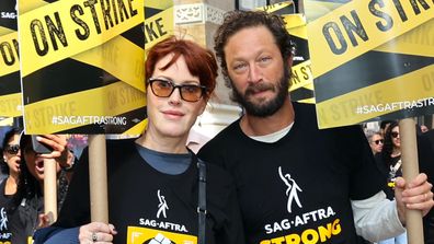 NEW YORK, NY - SEPTEMBER 19: Molly Ringwald and Ebon Moss-Bachrach are seen on the SAG-AFTRA picket line on September 19, 2023 in New York City.  (Photo by Jose Perez/Bauer-Griffin/GC Images)