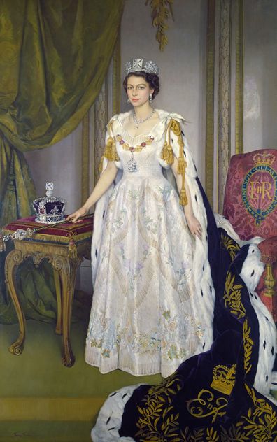 The state portrait of The Queen  was commissioned to commemorate Her Majesty's Coronation, which took place on 2 June 1953. Wearing her coronation dress and the purple Robe of Estate, The Queen stands in the Throne Room at Buckingham Palace. This portrait is on display as part of the Platinum Jubilee exhibition at Windsor Castle