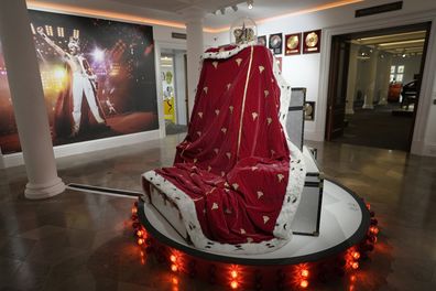 Freddie Mercury's signature crown and cloak ensemble, worn throughout the 'Magic' Tour, on display at Sotheby's auction rooms in London, Thursday, Aug. 3, 2023. 