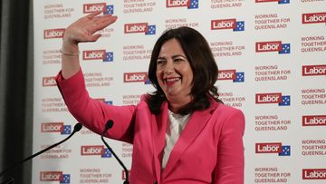 BRISBANE, AUSTRALIA - OCTOBER 31: Queensland Premier Annastacia Palaszczuk waves to supporters at her polling party in Inala, on October 31, 2020 in Brisbane, Australia. Labor premier Annastacia Palaszczuk has claimed Victory in 2020 Queensland State Election, against the Liberal National party led by Deb Frecklington. A record number of Queenslanders voted early ahead of election day, due to the COVID-19 pandemic. (Photo by Jono Searle/Getty Images)