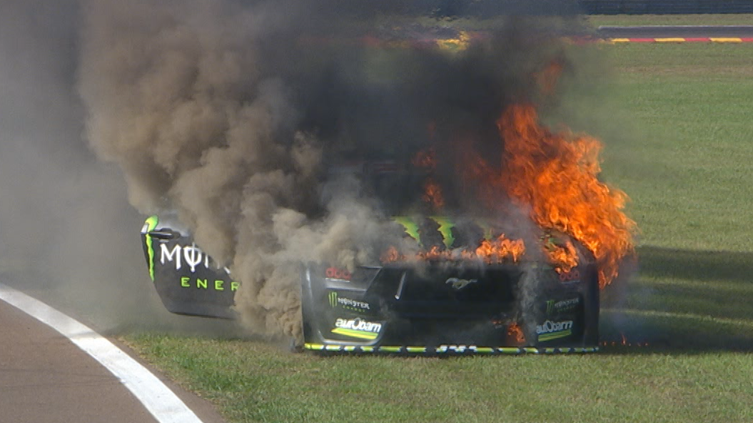 Cameron Waters was leading the race in Darwin when his car caught fire on lap five.
