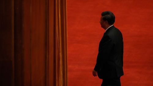 Chinese President Xi Jinping leaves after delivering a speech at an event commemorating the 110th anniversary of Xinhai Revolution at the Great Hall of the People in Beijing. (AP 