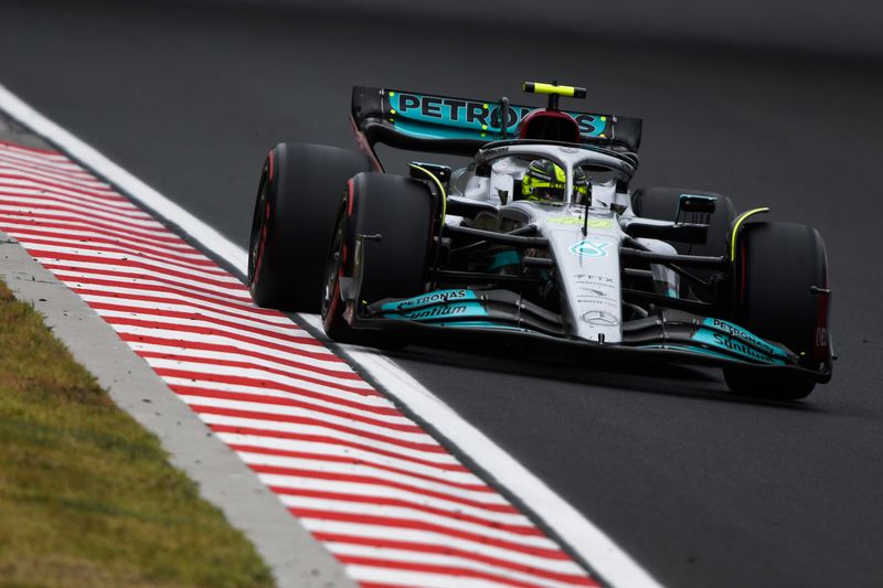 Lewis Hamilton of Great Britain driving the (44) Mercedes AMG Petronas F1 Team W13 on track during the F1 Grand Prix of Hungary at Hungaroring on July 31, 2022 in Budapest, Hungary. (Photo by Rudy Carezzevoli - Formula 1/Formula 1 via Getty Images)