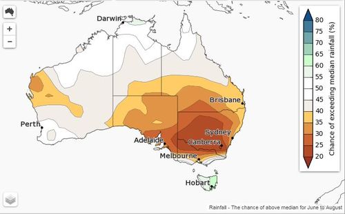 Australia's south-east and parts of Western Australia are set to receive lower-than-average rainfall amounts through winter. Picture: BoM.