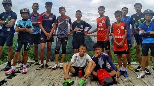 The 12 Thai boys and their coach before they went into the cave. Picture: Supplied.
