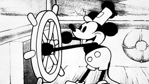 Still from Steamboat Willie - the first animated film with sound to feature Mickey Mouse.