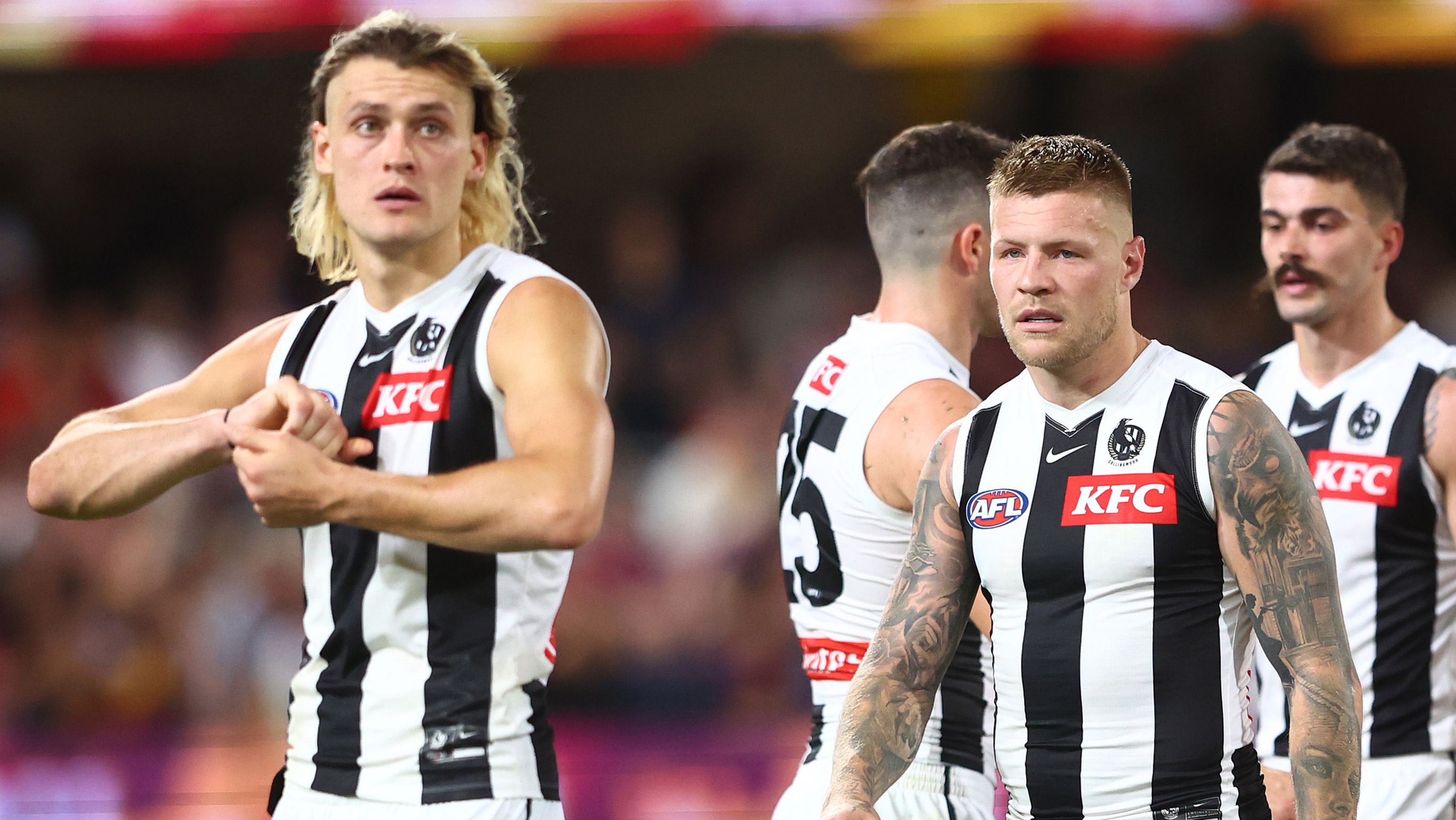 BRISBANE, AUSTRALIA - APRIL 06: Magpies leave the field after losing the round four AFL match between Brisbane Lions and Collingwood Magpies at The Gabba, on April 06, 2023, in Brisbane, Australia. (Photo by Chris Hyde/AFL Photos/via Getty Images )
