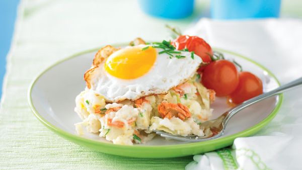 Colcannon with salmon and fried eggs