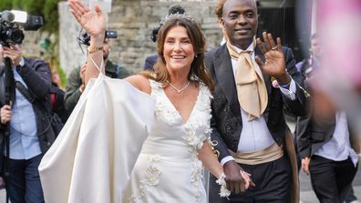 Norway's Princess Martha Louise and Durek Verrett arrive for their wedding party, in Geiranger, Norway, Saturday Aug. 31, 2024. (Heiko Junge/NTB via AP)