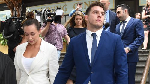 Canterbury Bankstown Bulldogs player Adam Elliott leaves after a first mention at Downing Centre Local Court in Sydney, Wednesday, October 24, 2018. 