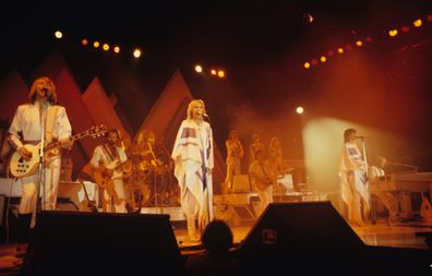 Bjorn Ulvaeus, Agnetha Faltskog, Anni-Frid Lyngstad and Benny Andersson of Swedish pop group Abba perform on stage at Wembley Arena in London, England in November 1979 (Photo by Mike Prior/Redferns)