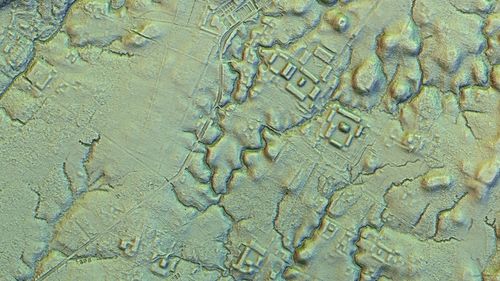 This LIDAR image provided by researchers in January 2024 shows a main street crossing an urban area in a lost Amazonian city