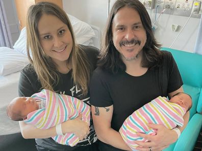 Jackie Gillies and husband Ben Gillies with their twin boys