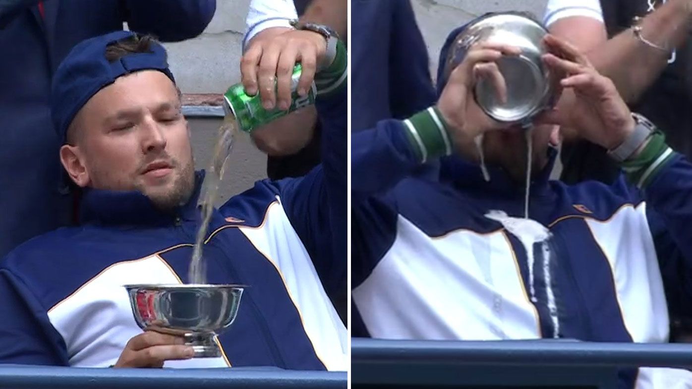 US Open: Dylan Alcott trophy celebration, beer-trophy, Golden Slam