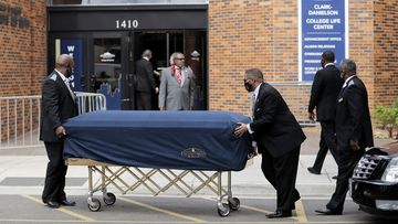The body of George Floyd arrives before his memorial services on Thursday, June 4, 2020 in Minneapolis
