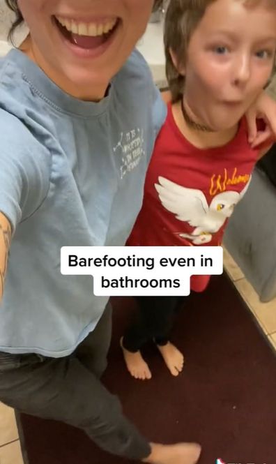 The family go barefoot in public, even in public bathrooms.