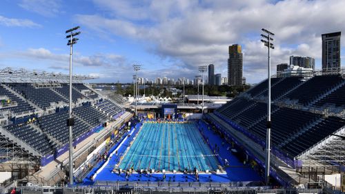 General view of the competition pool during a training session at the Gold Coast Aquatic Centre in the Gold Coast, Tuesday, February 27, 2018. (AAP) 