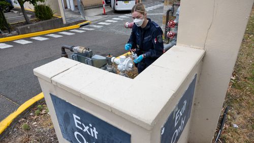 Perícia forense da Polícia de Nova Gales do Sul no Kareena Private Hospital em Caringbah, Sydney, terça-feira, 28 de outubro de 2025. Uma mulher de 42 anos foi presa durante a noite após invadir dois hospitais, causando danos às redes de água e gás em ambas as instalações. Foto: Sam Mooy / The Sydney Morning Herald