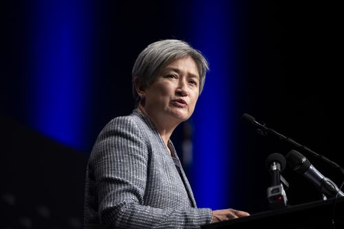 Leader of the Government in the Senate and Minister for Foreign Affairs Penny Wong speaks ahead of Prime Minister of Malaysia Anwar Ibrahim delivering the Gareth Evans Oration at the Australian National University (ANU), in Canberra on Thursday 7 March 2024. fedpol Photo: Alex Ellinghausen