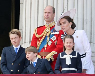 Prince George of Wales, Prince William, Prince of Wales, Prince Louis of Wales, Princess Charlotte of Wales and Catherine, Princess of Wales on the balcony of Buckingham Palace during Trooping the Colour on June 15, 2024 in London, England.