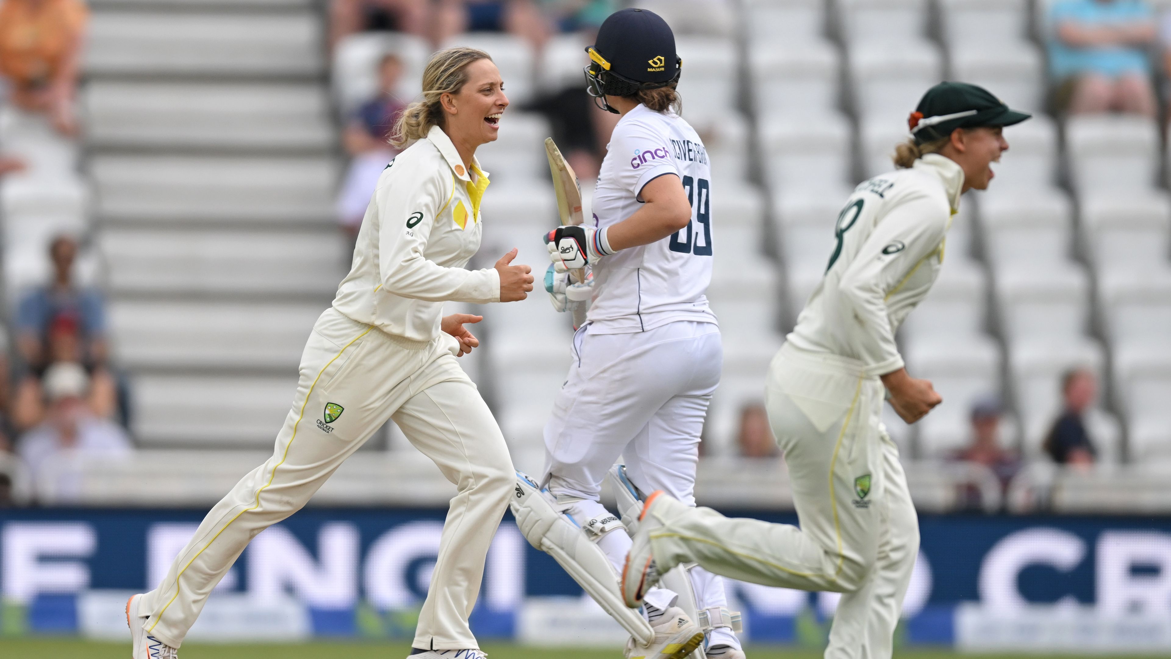 Ashleigh Gardner of Australia celebrates dismissing Nat Sciver-Brunt of England during day four of the Ashes.
