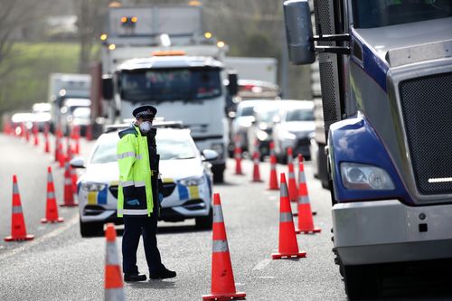 Queues stretch for kilometres in and out of Auckland as police stop vehicles at a checkpoint on SH1 north of Wellsford, which is situated north of Auckland. 