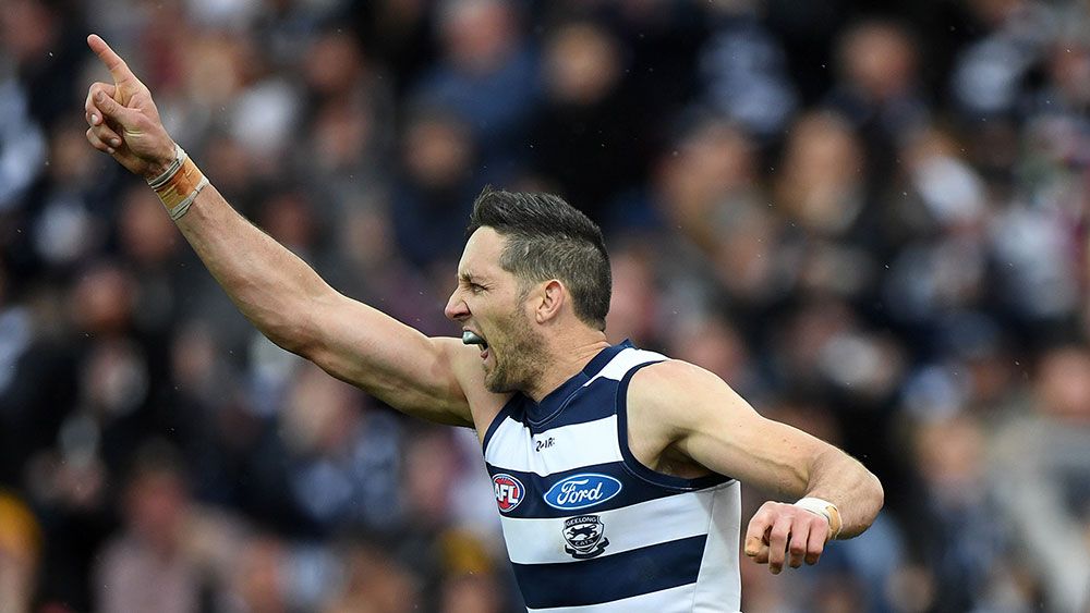 Geelong's Harry Taylor celebrates during the Cats' win over Richmond. (AAP)