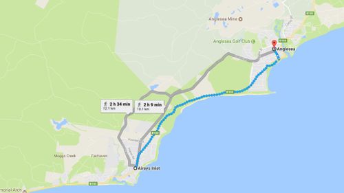 Aireys Inlet to Anglesea is 10 kilometres, or about a 2 hour walk. (Google Maps)