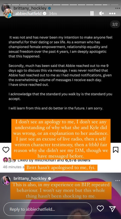 Abbie Chatfield responds to Brittany Hockley's apology after she and Kyle Sandilands "slut shamed" her on the Kyle and Jackie O Show.