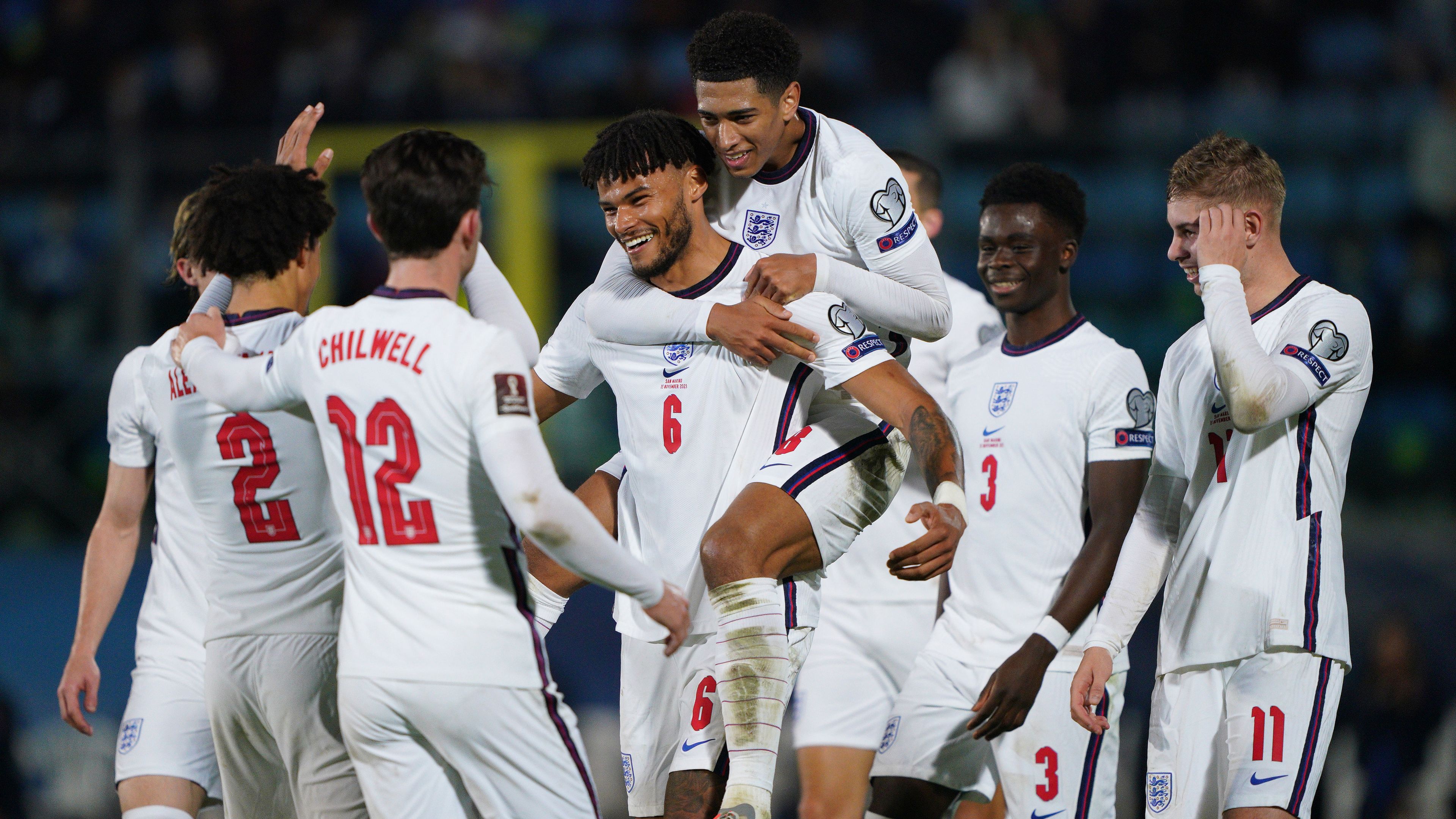 Tyrone Mings of England celebrate with his teammates after scoring a goal during the 2022 FIFA World Cup Qualifier match between San Marino.