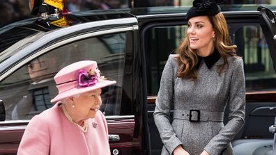 Queen Elizabeth II and Catherine, Duchess of Cambridge visit King's College London on March 19, 2019. 