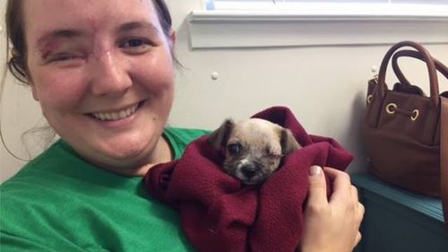 Woman and puppy who both lost an eye in violent attacks find each other