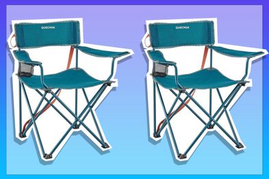 9PR: Blue camping chair on blue and purple background.